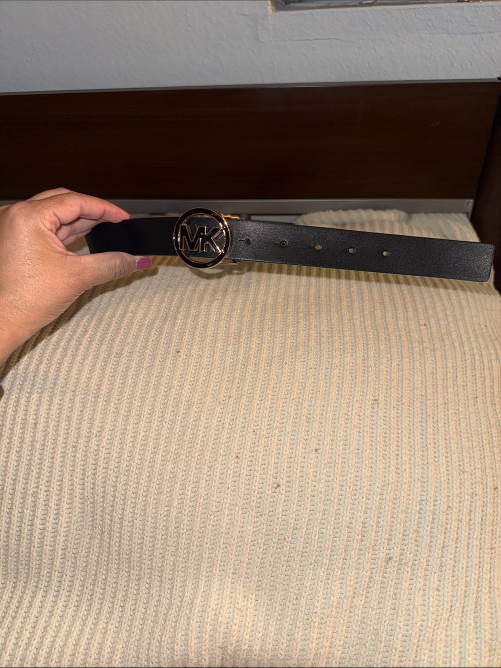 Women’s Michael Kors Black Leather Belt with Gold MK Buckle